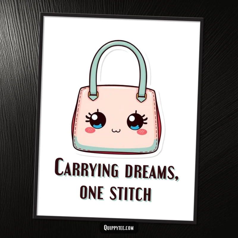Funny Free Printable Wall Art: A tiny designer handbag with large, expressive eyes, exuding personality and charm.