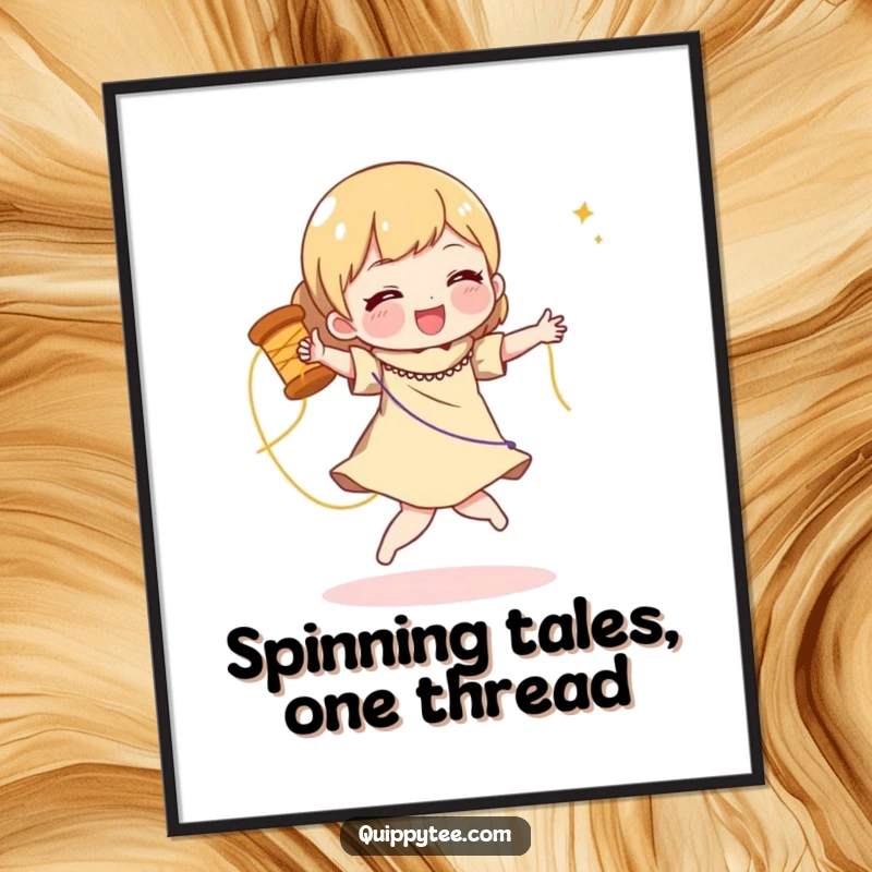 Funny Free Printable Wall Art: Character joyfully dancing with a spool of shimmering thread, creating dynamic, colorful art.
