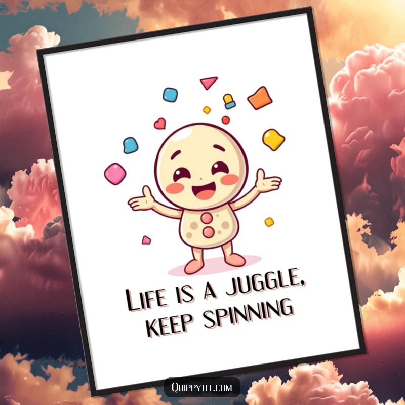 Funny Free Printable Wall Art featuring a cheerful button character expertly juggling a collection of colorful geometric shapes.