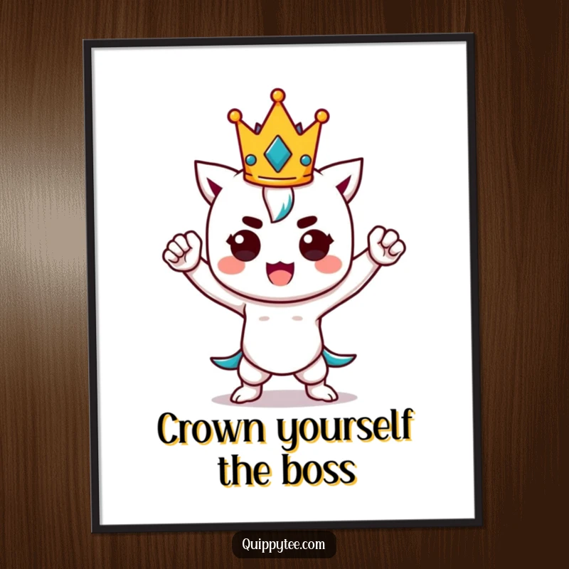 Funny Free Printable Wall Art: Kawaii character striking a bold power pose, a tiny crown perched jauntily, exuding confidence.
