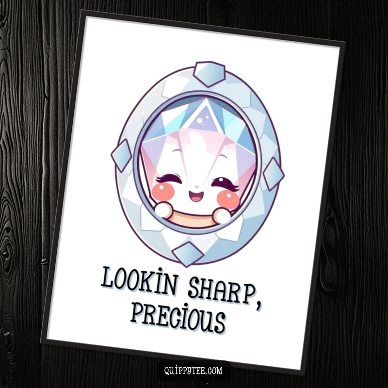 Funny Free Printable Wall Art depicts a smiling gemstone winking mischievously from behind a mirror, creating a quirky and intriguing visual.