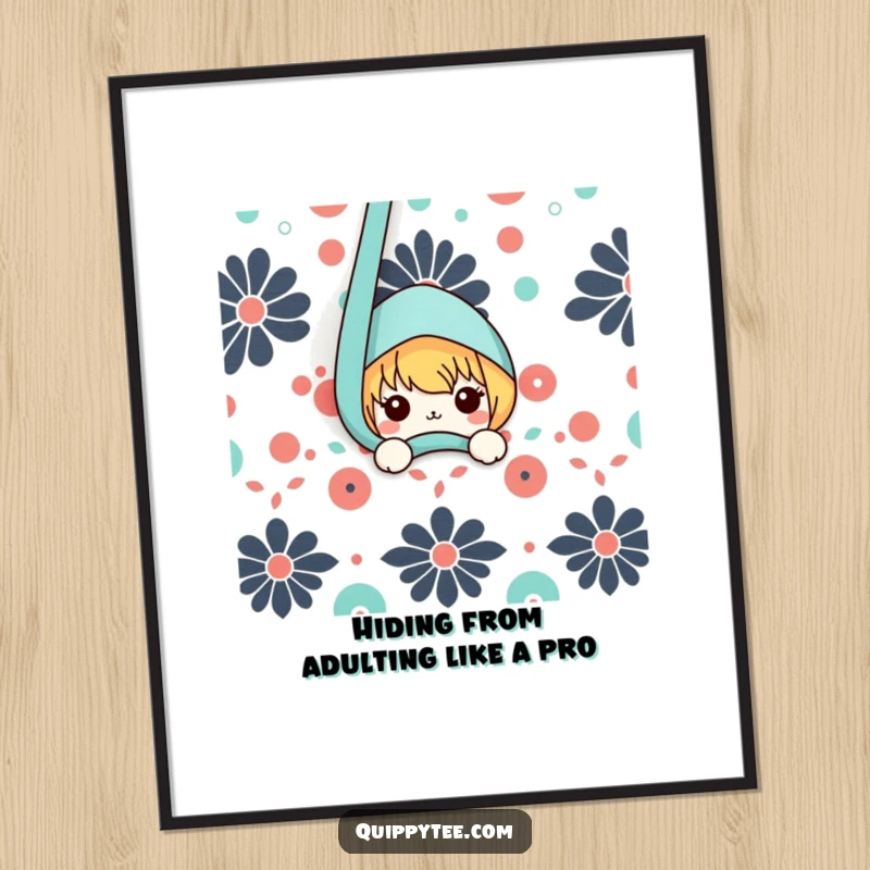 Funny Free Printable Wall Art: A charming kawaii character peeking playfully from behind a large, vibrant patterned fabric, adding whimsical decor.