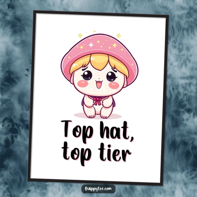 Funny Free Printable Wall Art: A kawaii character stands out in a comically huge, dazzling sparkly hat, exuding pure fun.