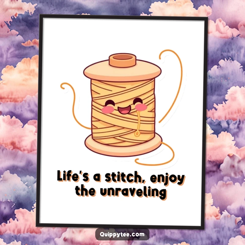 Funny Free Printable Wall Art: Smiling spool of thread character unwinding joyfully, bringing a sense of fun and creativity.