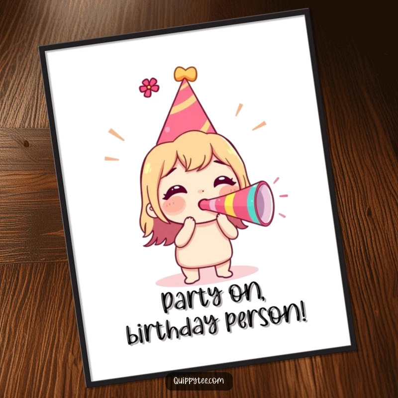 Funny Free Printable Wall Art showing a character wearing a party hat, blowing a celebratory party horn with excitement.