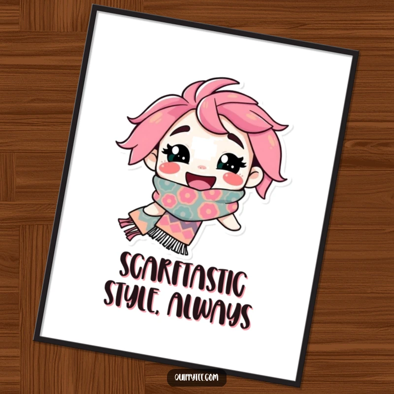 Funny Free Printable Wall Art: A character beaming with joy, flaunting a bold, patterned scarf for stylish decor.