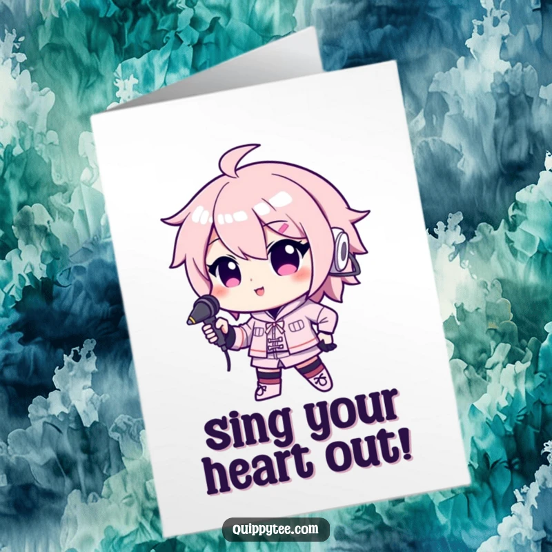 Funny Free Printable Birthday Card: A confident kawaii character strikes a pose with a microphone, ready to sing.