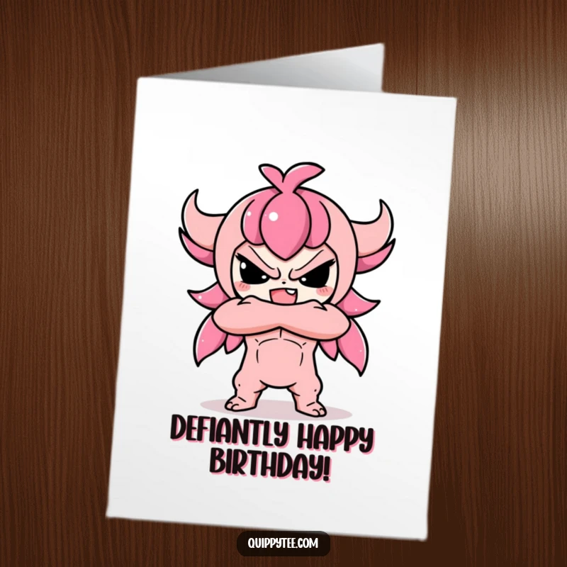 Funny free printable birthday card featuring a cute kawaii character with crossed arms, striking a defiant stance.