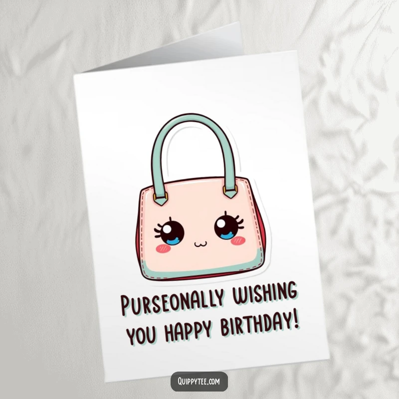 Funny Free Printable Birthday Card: A tiny designer handbag with large, expressive eyes wishing a happy birthday.