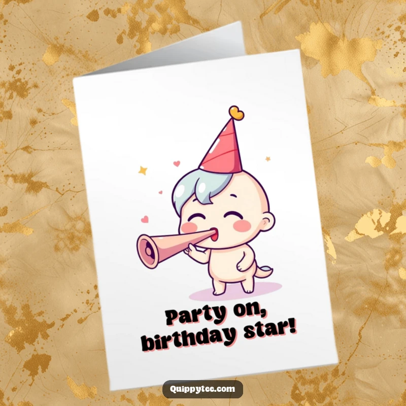 Funny Free Printable Birthday Card: A cartoon character in a party hat joyfully blows a party horn with eyes wide in excitement.