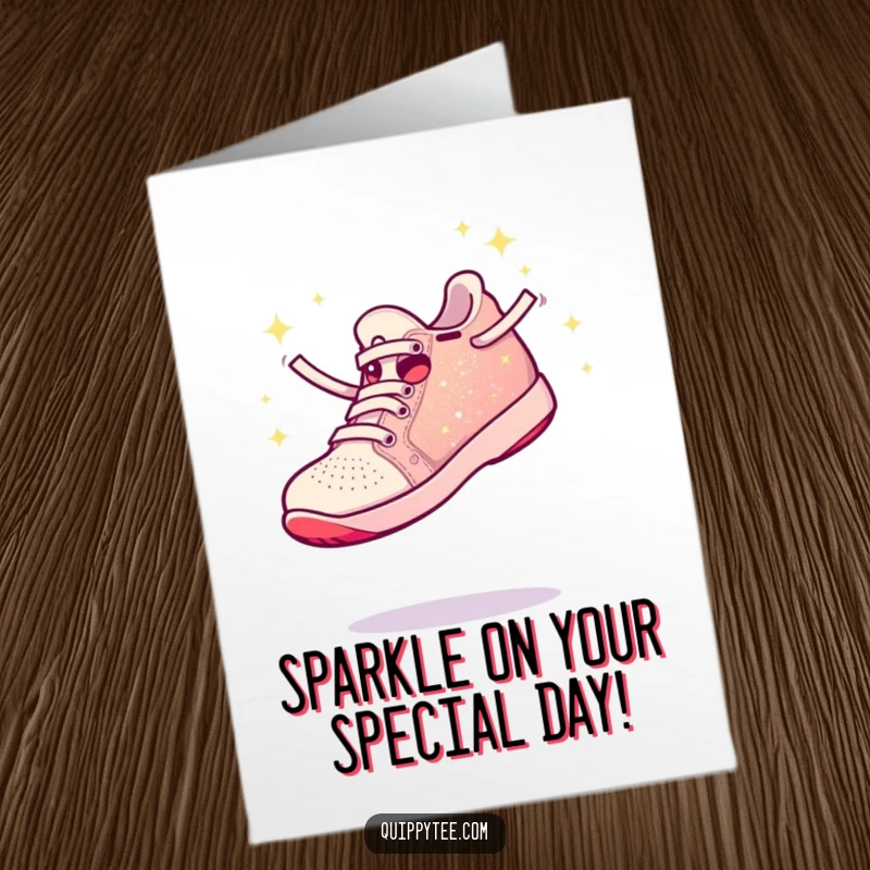 Funny Free Printable Birthday Card featuring a sparkly shoe mid-leap, radiating pure, unadulterated birthday joy and excitement.
