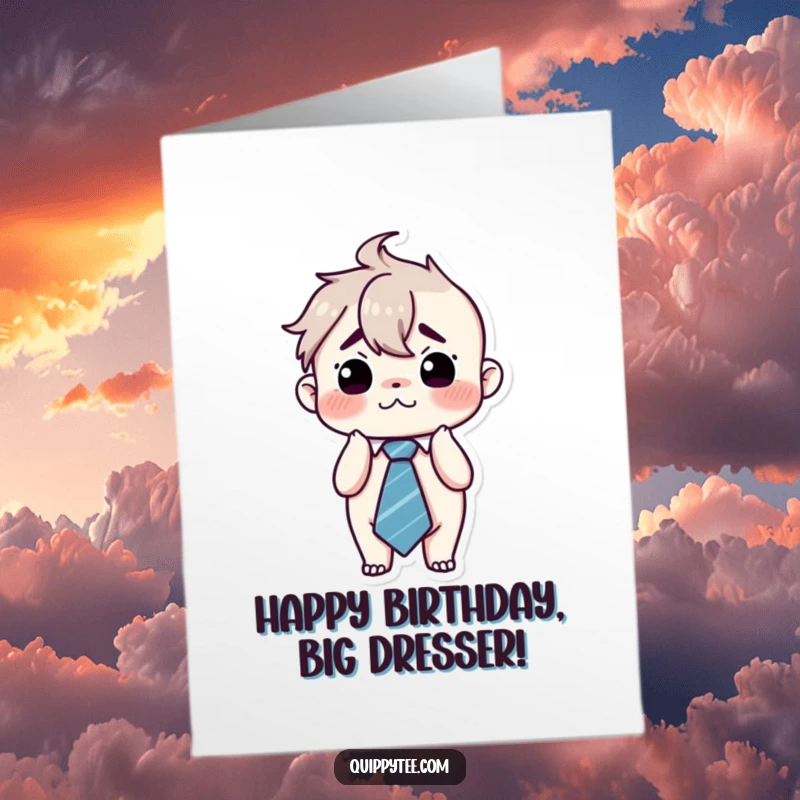 Funny Free Printable Birthday Card: Kawaii character looking incredibly flustered, tie comically oversized and askew, sweating slightly.