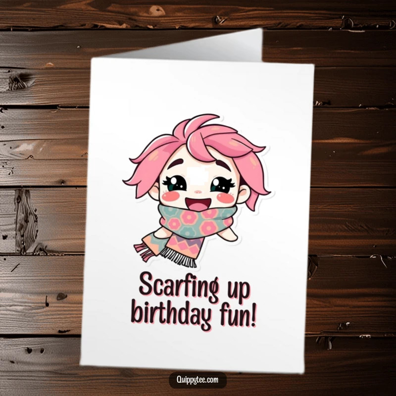 Funny Free Printable Birthday Card featuring a smiling character in a stylish, patterned scarf, ready to party.