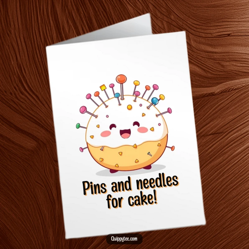 Funny free printable birthday card featuring a delighted pin cushion character covered in colorful pins, ready to celebrate.