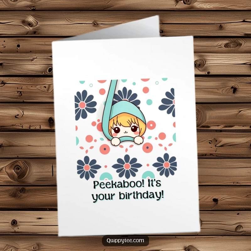 Funny Free Printable Birthday Card: Adorable kawaii character peeking curiously from behind a fun patterned fabric, ready to wish Happy Birthday.