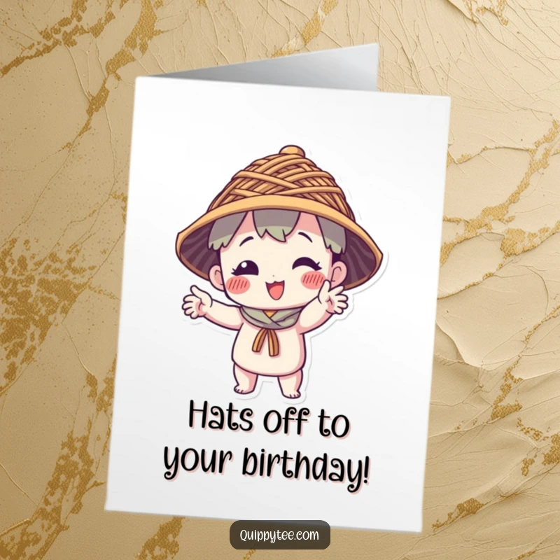 Funny Free Printable Birthday Card: Character in a comical hat of interwoven threads, striking a silly pose.