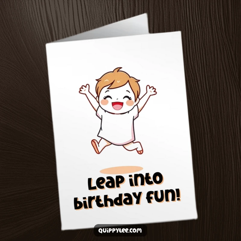 Funny Free Printable Birthday Card: A fabric swatch character mid-air, leaping with pure joy and excitement, ready to celebrate.