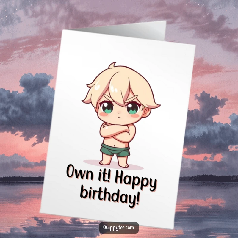 Funny Free Printable Birthday Card featuring a character striking a confident pose, arms crossed with a head tilt.