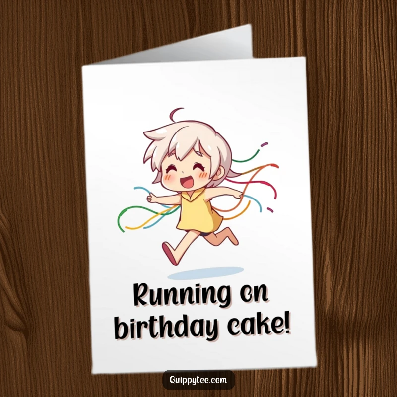 Funny Free Printable Birthday Card: Character joyfully running, leaving a trail of colorful dangling threads behind.