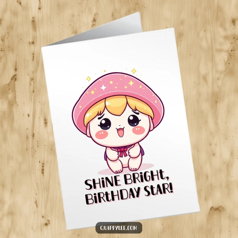 Funny Free Printable Birthday Card: A kawaii character sports a comically large, sparkly hat, looking absolutely fabulous.