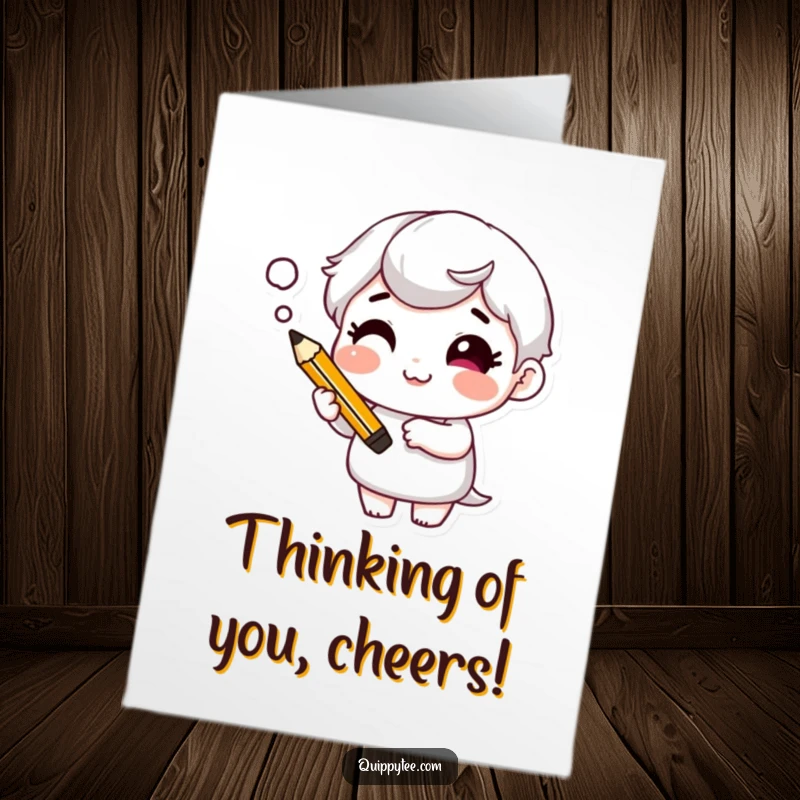 Funny Free Printable Birthday Card featuring a character with a cheeky grin, holding a pencil and a thought bubble.