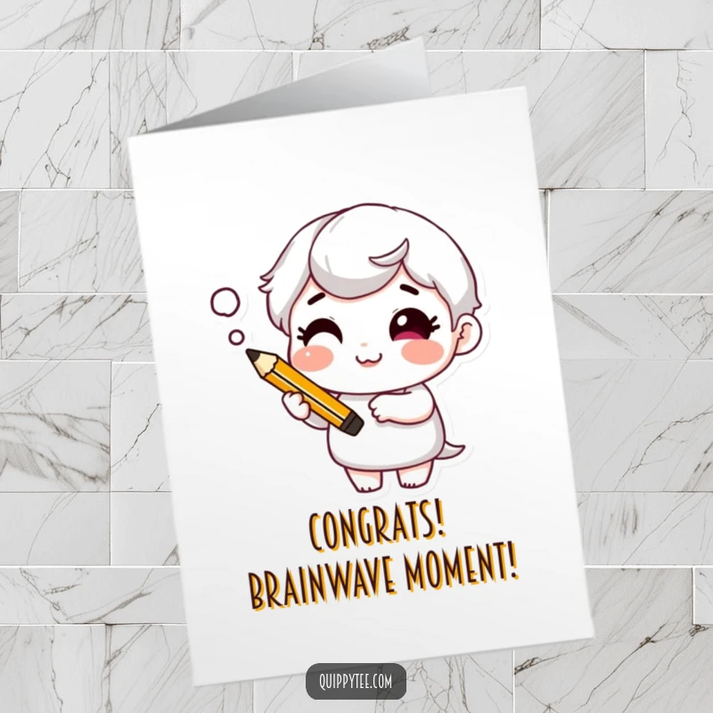 Funny Free Printable Congratulations Card with a cheeky character holding a pencil and a thought bubble, representing ideas.