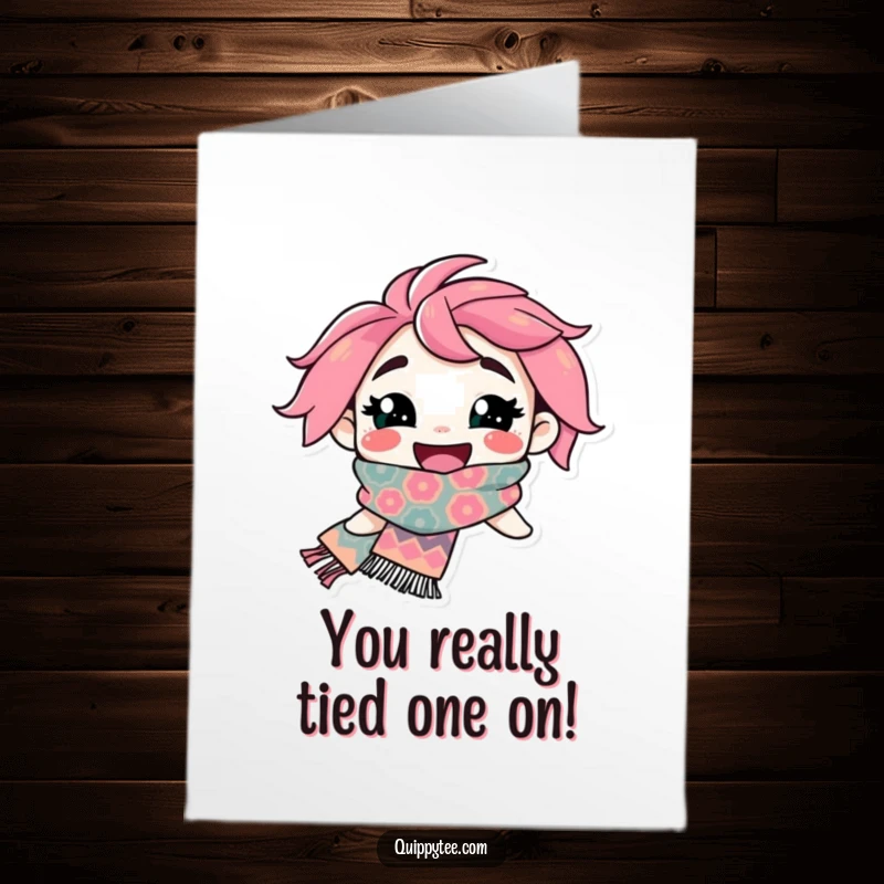 Funny Free Printable Congratulations Card: Cheerful character in a vibrant, patterned scarf, celebrating success with a smile.