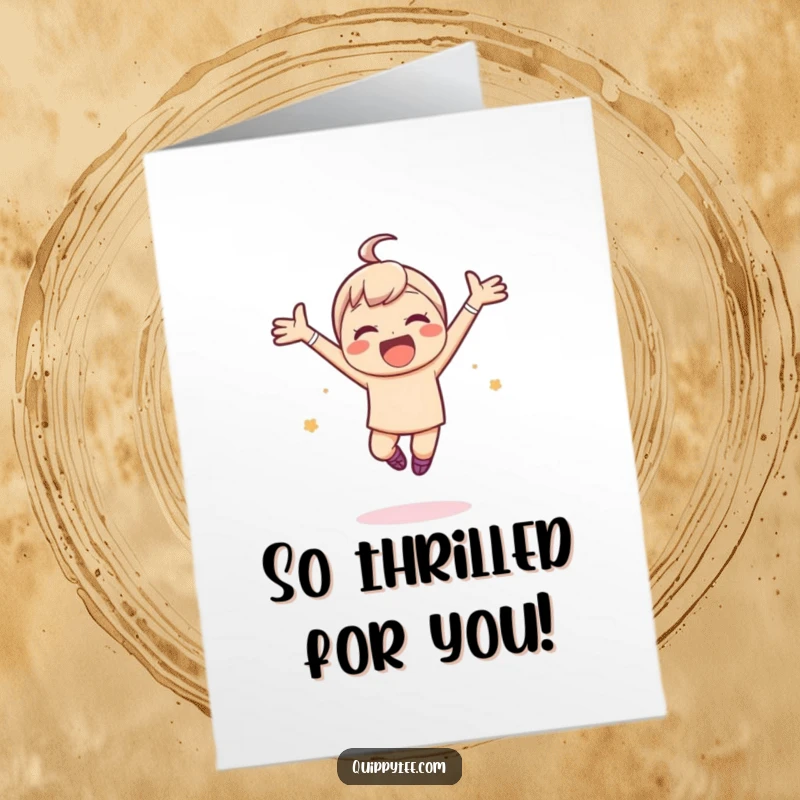Funny Free Printable Congrats Card: A kawaii character takes a huge, joyful leap with arms wide open in celebration.