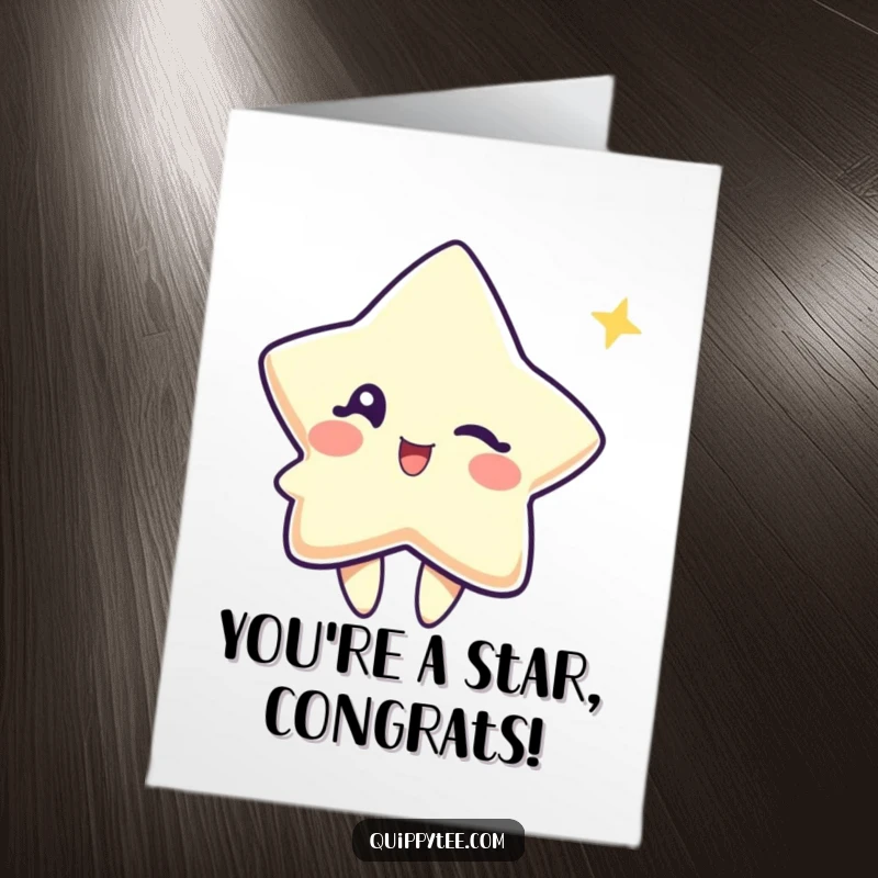 Funny Free Printable Congratulations Card: Cute star character winking playfully, celebrating success with a charming flourish. Printable for home.