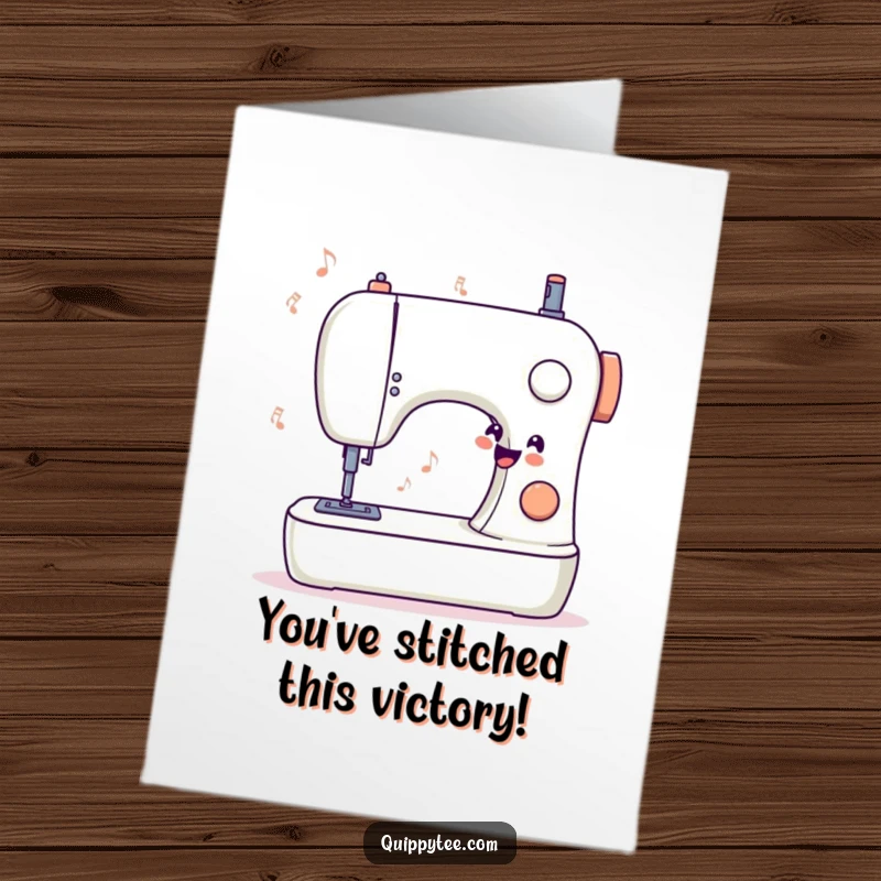 Funny Free Printable Congrats Card: A stylized sewing machine humming happily, congratulating an achievement with creative flair.