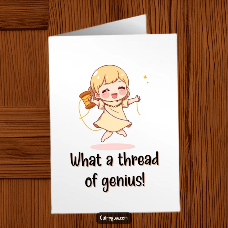 Funny Free Printable Congratulations Card: Character doing a joyful dance with a spool of shimmering thread, celebrating success.