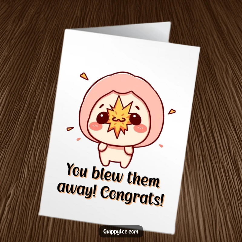 Funny Free Printable Congratulations Card: Kawaii character exclaiming with a small, colorful explosion erupting from its speech bubble.