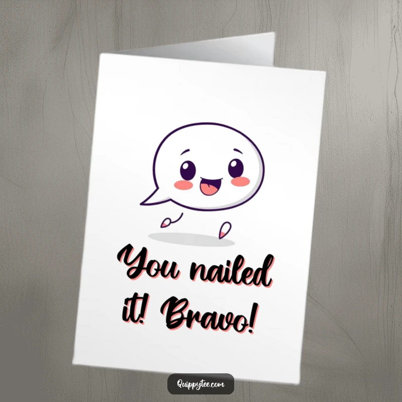 Funny free printable congratulations card featuring a speech bubble character chasing punctuation, celebrating achievements with linguistic flair and humor.