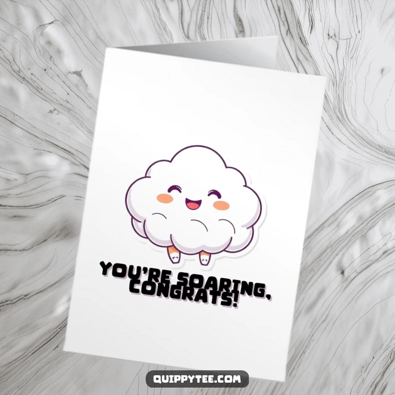 Funny Free Printable Congratulations Card: A smiling cloud character joyfully bouncing, celebrating success with delightful energy. Printable for home.