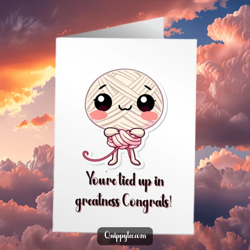 Funny Free Printable Congrats Card: Happy thread character playfully tied in a knot, celebrating success.