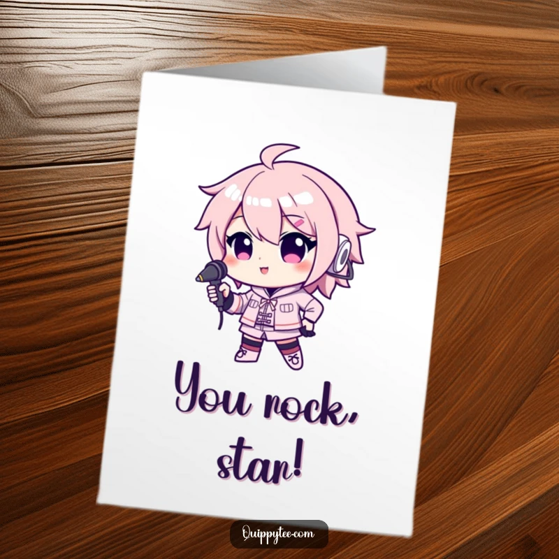 Funny Free Printable Congrats Card: A kawaii character holds a microphone with confidence, striking a superstar pose.