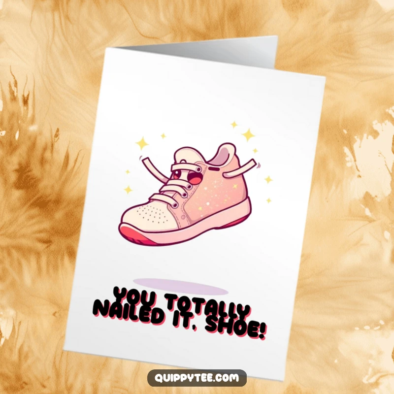 Funny Free Printable Congrats Card showing a sparkly shoe joyfully leaping, signifying a huge win and exciting accomplishment.