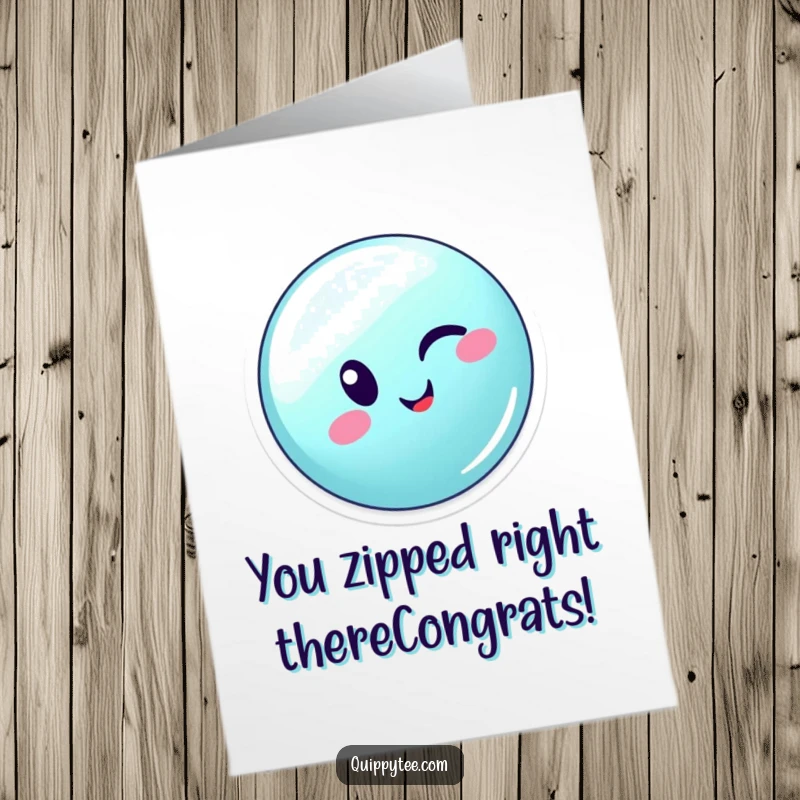 Funny Free Printable Congrats Card: Winking button zips across a seam, celebrating a successful achievement.