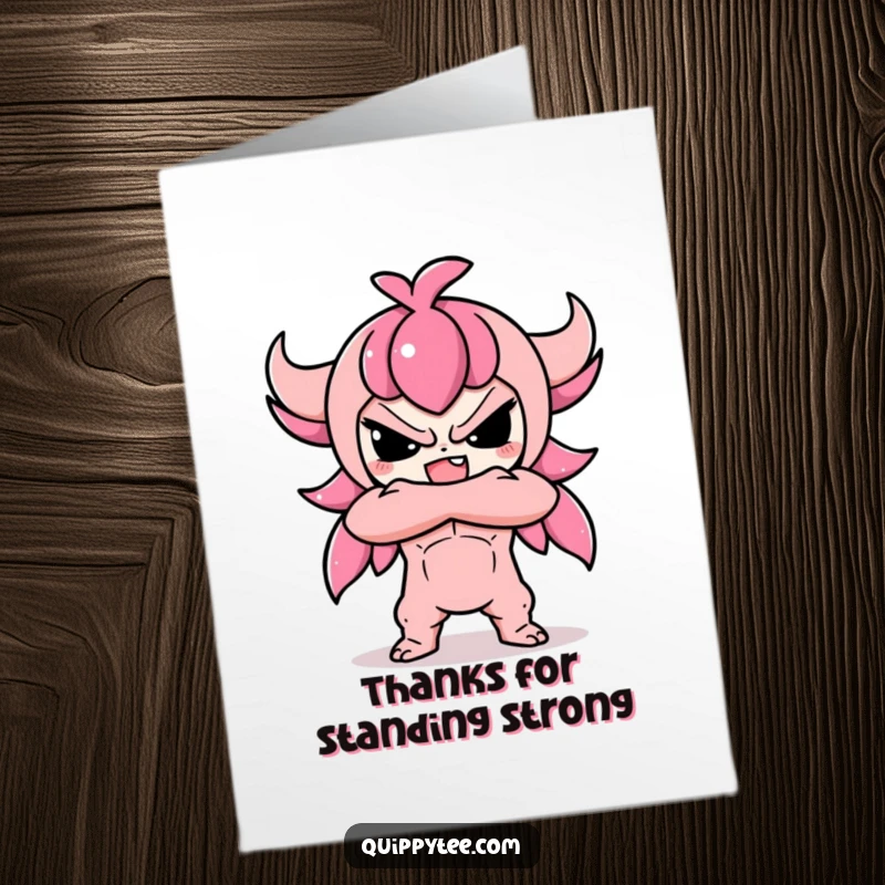 Funny free printable thank you card featuring a cute kawaii character crossing their arms in a defiant, yet thankful, pose.