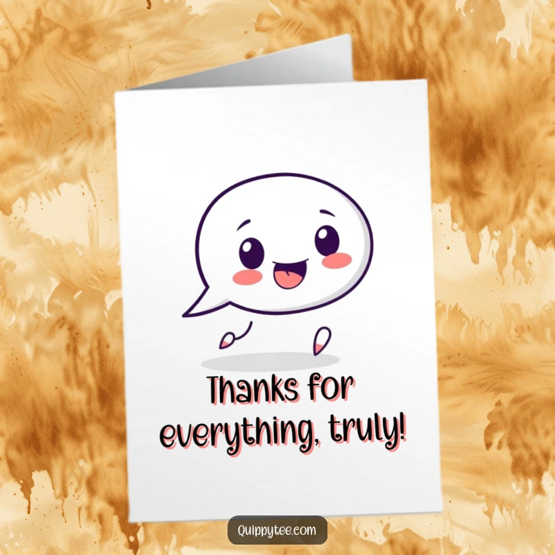 Funny free printable thank you card with a speech bubble character chasing a punctuation mark, conveying sincere thanks with playful energy.
