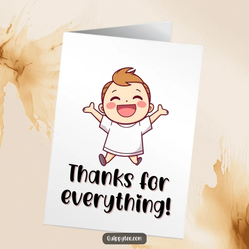 Funny Free Printable Thank You Card with a smiling character wearing a speech bubble shirt, jumping for joy.