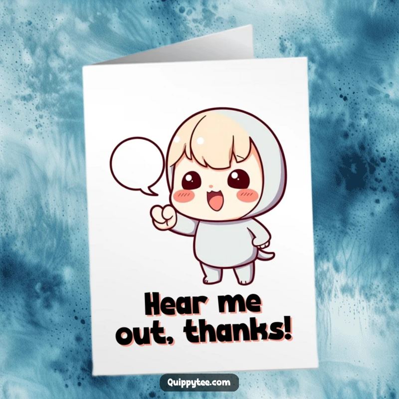 Funny Free Printable Thank You Card: A kawaii character dramatically points to a speech bubble, signaling thanks.