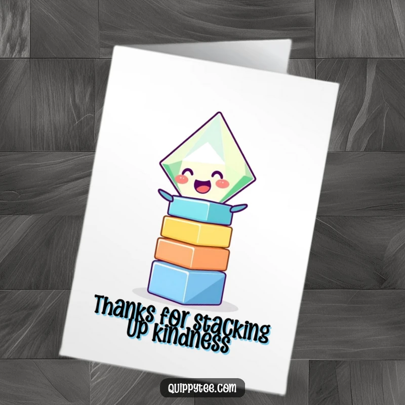 Funny Free Printable Thank You Card with a giggling diamond character building a tower of blocks as a token of thanks.