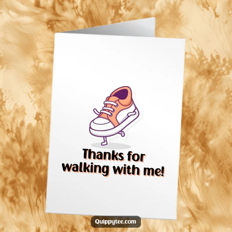 Funny Free Printable Thank You Card: Tiny shoe character doing a silly dance, expressing gratitude with lighthearted fun. Printable for home.