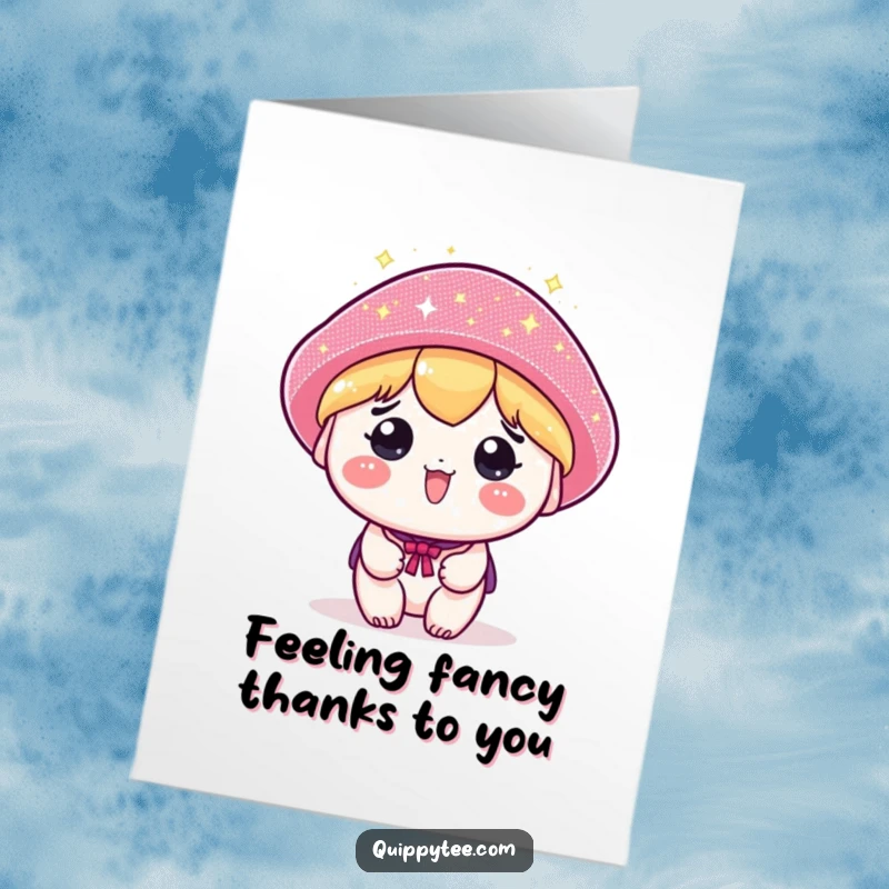 Funny Free Printable Thank You Card: A kawaii character proudly wears a massive, glittering sparkly hat to say thanks.