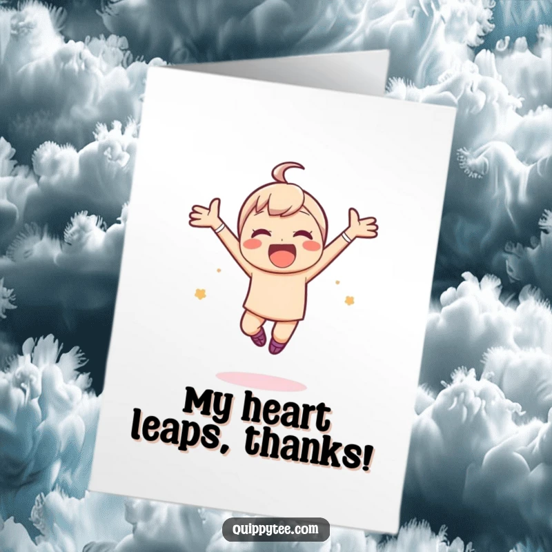 Funny Free Printable Thank You Card: A kawaii character leaps joyfully, arms wide, conveying immense gratitude.