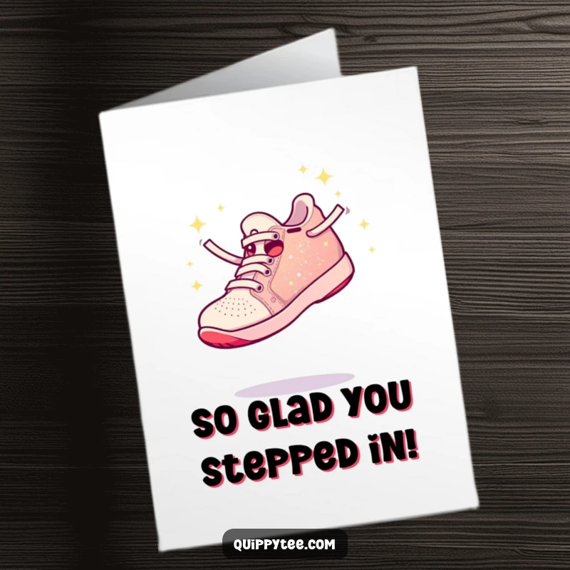 Funny Free Printable Thank You Card with a sparkly shoe leaping joyfully, expressing heartfelt thanks with a whimsical flair.