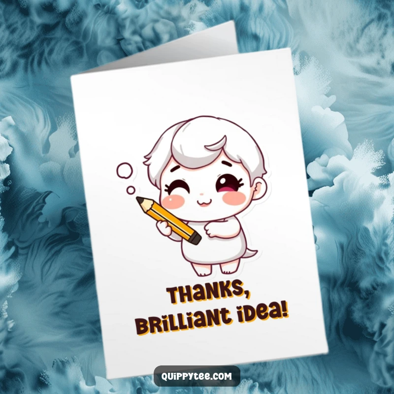 Funny Free Printable Thank You Card featuring a character with a cheeky grin, holding a pencil and a thought bubble.
