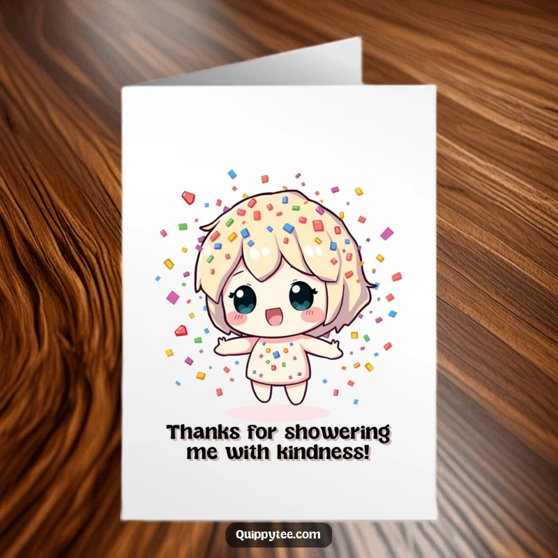 Funny Free Printable Thank You Card: Confetti Sprite showering colorful pieces, expressing gratitude with a smile.