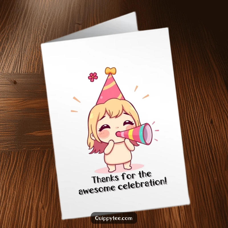 Funny Free Printable Thank You Card depicting a character in a party hat blowing a horn with enthusiastic thanks.